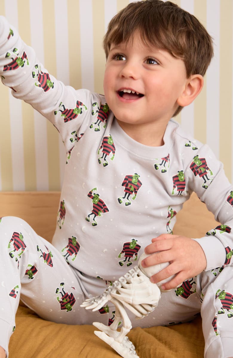 Petit Lem Kids' Frankenstein Glow in the Dark Fitted Two-Piece Organic Cotton Pajamas, Alternate, color, Light Grey