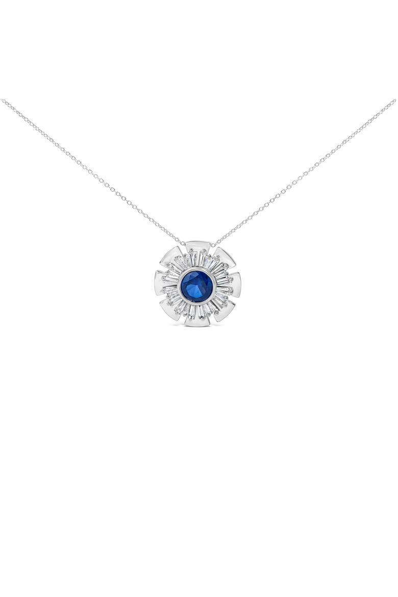 Sterling Silver Lab Grown Blue Sapphire and 1 1/5 Cttw Diamond Sunburst Pendant Necklace, Main, color, Silver