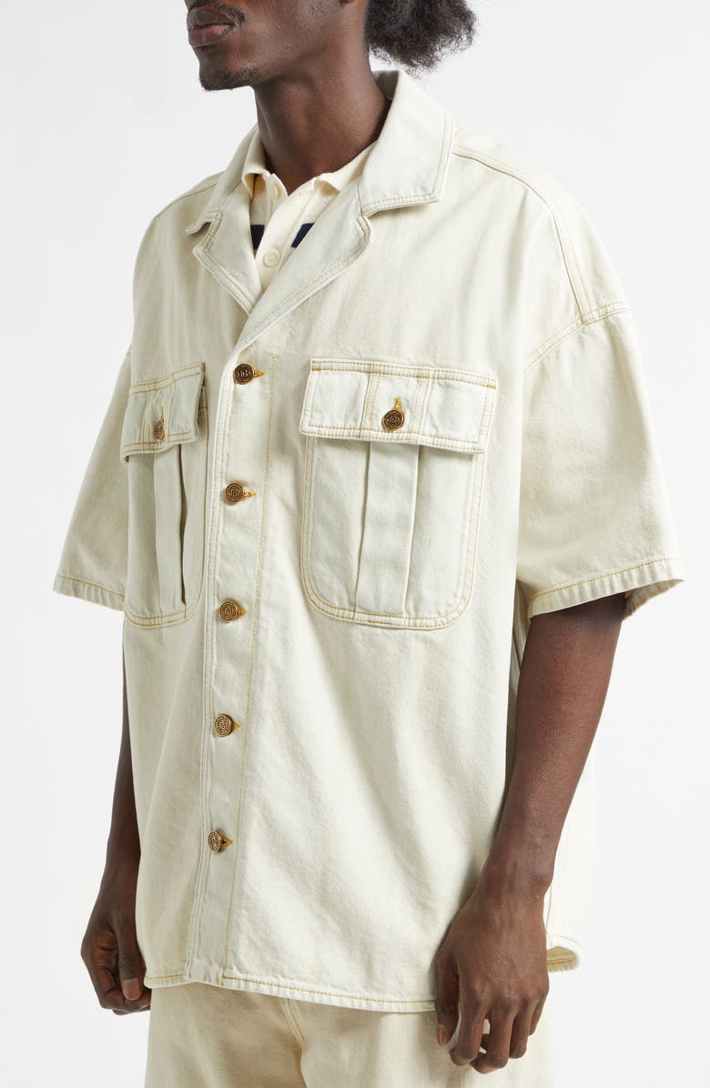 Balmain Oversize Denim Camp Shirt, Alternate, color, Beige