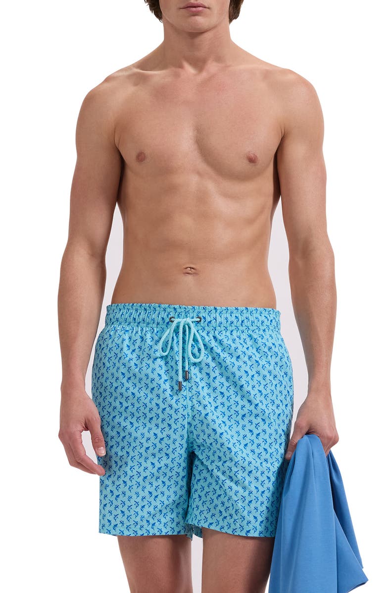 Bugatchi Kai Dolphin Print Swim Trunks, Main, color, Aqua