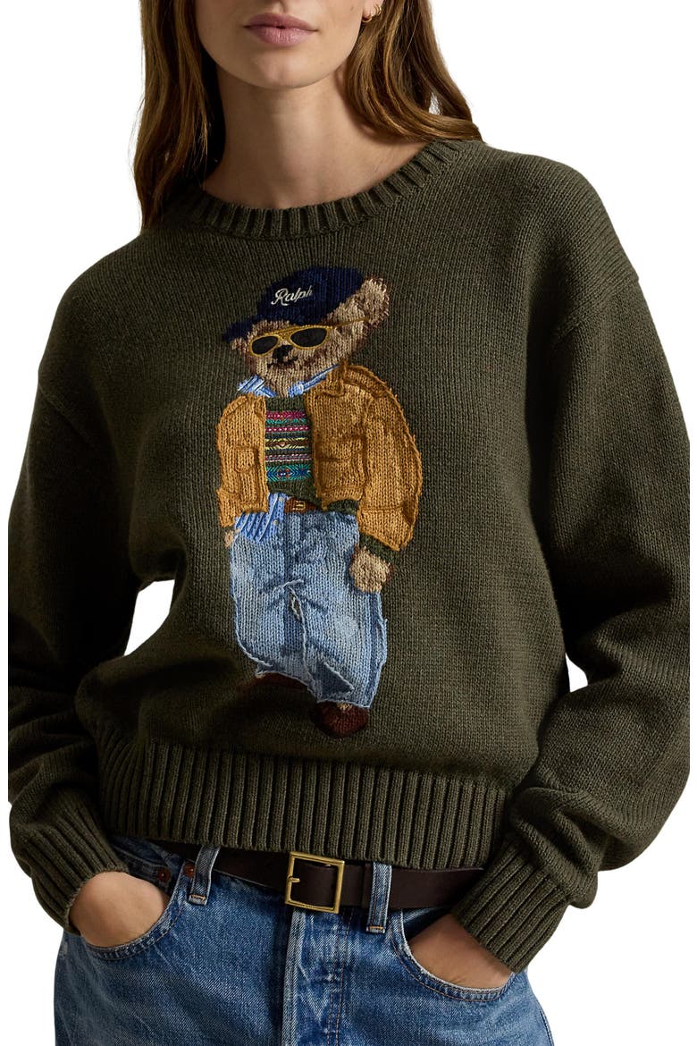 Polo Bear Cotton Crewneck Sweater, Main, color, MARLED OLIVE