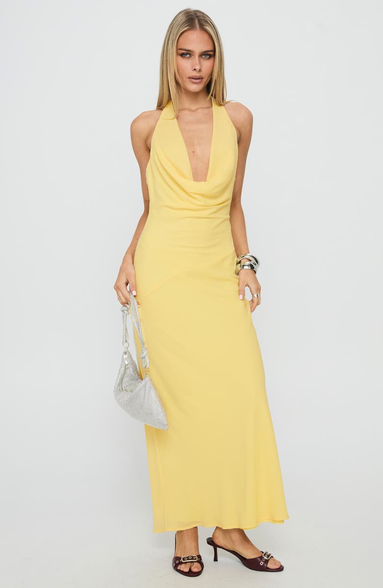 Princess Polly Ocean Boulevard Plunge Halter Neck Maxi Dress, Alternate, color, Lemon