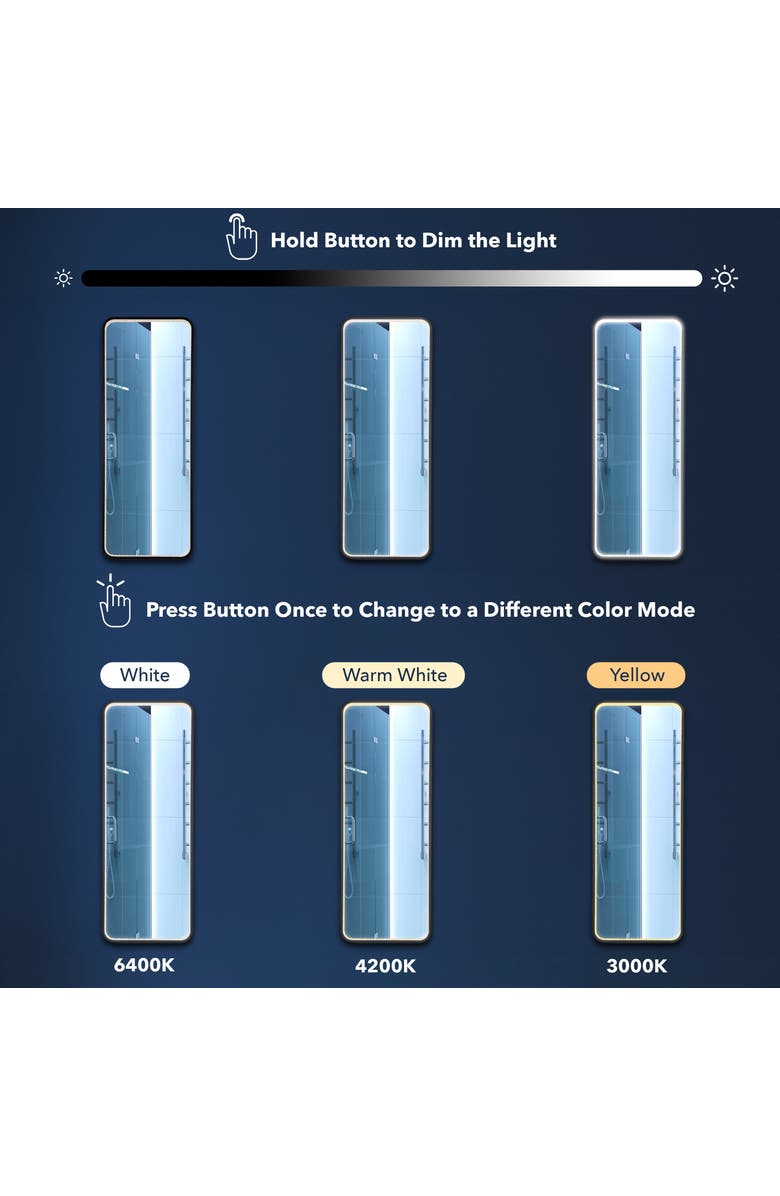 JONATHAN Y Tatum Crystal Lining Rectangle Metal Framed Antifog Front-Lit Tri-Color Wall Or Floor Full-Length Mirror with Smart Touch, Black, Alternate, color, 