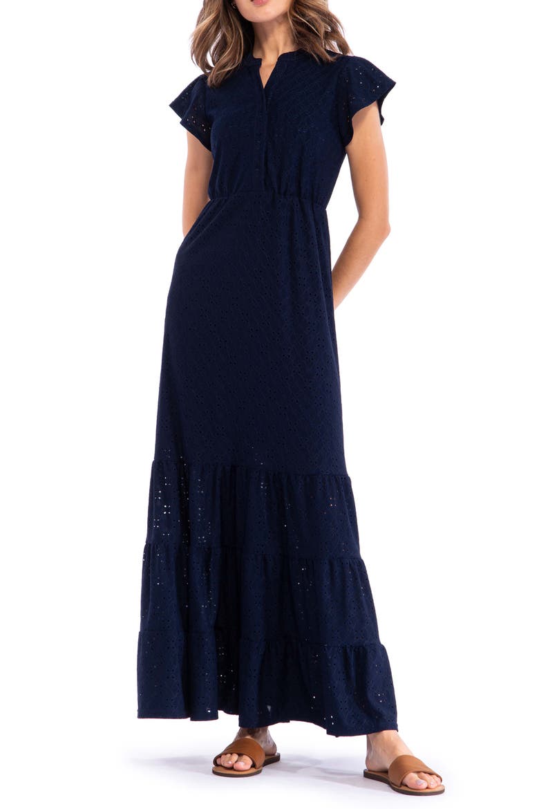 Ruffle Sleeve Tiered Maxi Dress, Alternate, color, NAVY