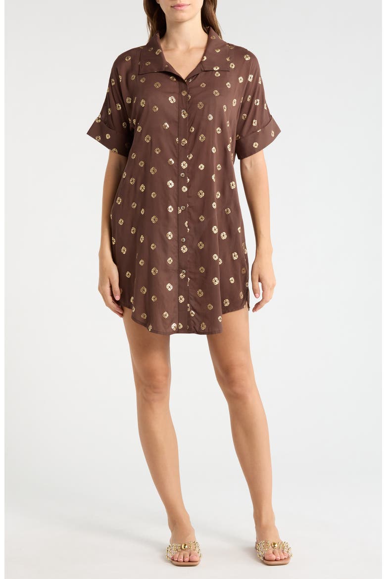 Metallic Dot Cover-Up Shirtdress, Main, color, BROWN POLKA