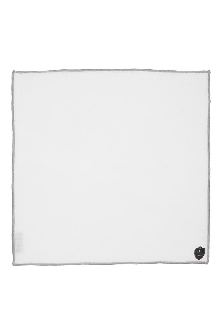 White Linen Pocket Square with Grey Trim, Alternate, color, GREY
