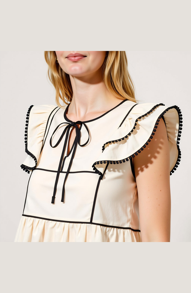 Modenaire Ruffle Sleeve Peplum Top with Contrast Trim and Front Tie, Alternate, color, Ivory