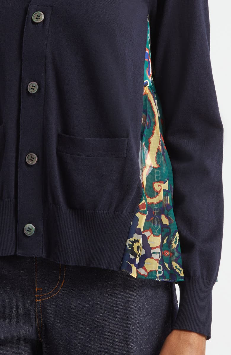 Sacai Floral Panel Mixed Media Cardigan, Alternate, color, Navy/ Green