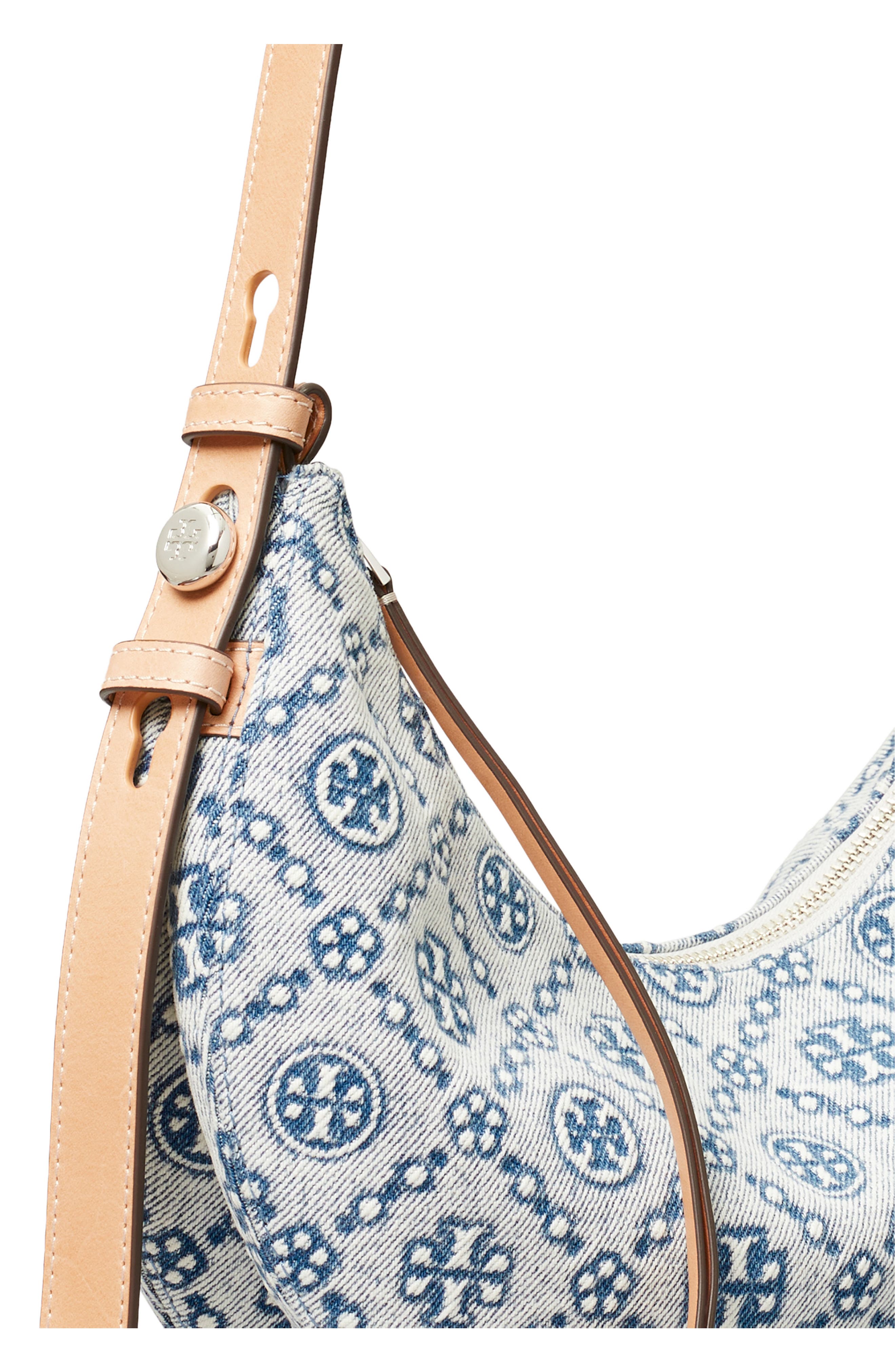 Tory Burch Romy Denim Half Moon Shoulder Bag, Alternate, color, Powder Blue