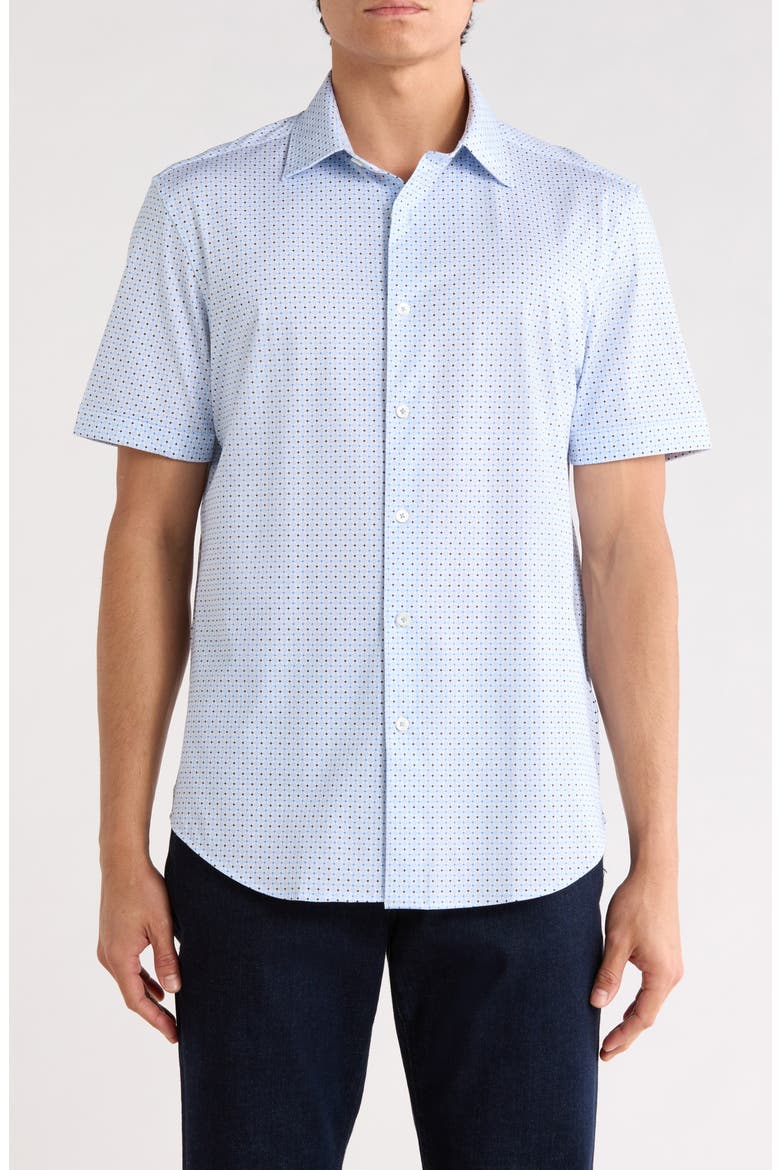 Micro Dot Print Stretch Cotton Short Sleeve Button-Up Shirt, Main, color, WHITE/BLUE