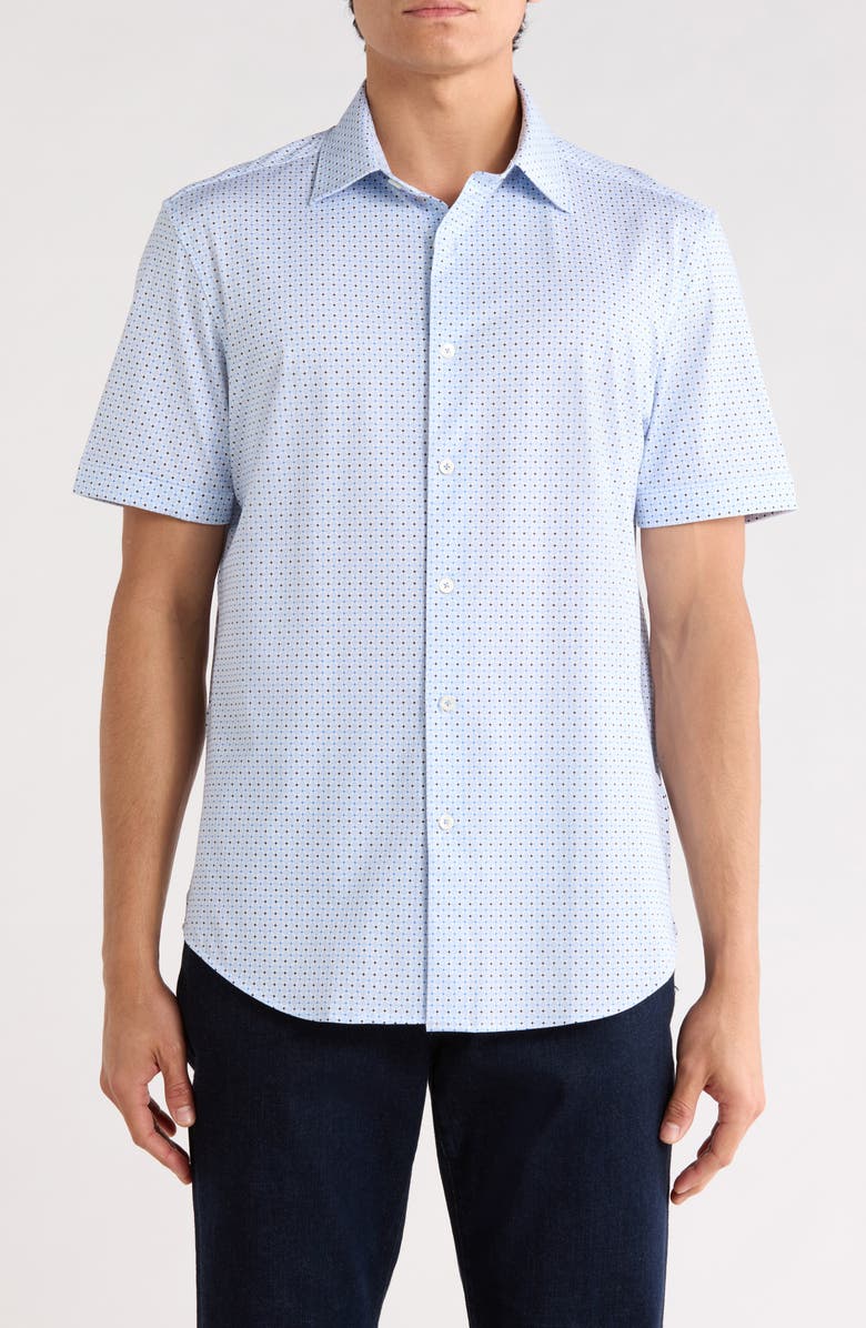 Bugatchi Micro Dot Print Stretch Cotton Short Sleeve Button-Up Shirt, Main, color, White/Blue