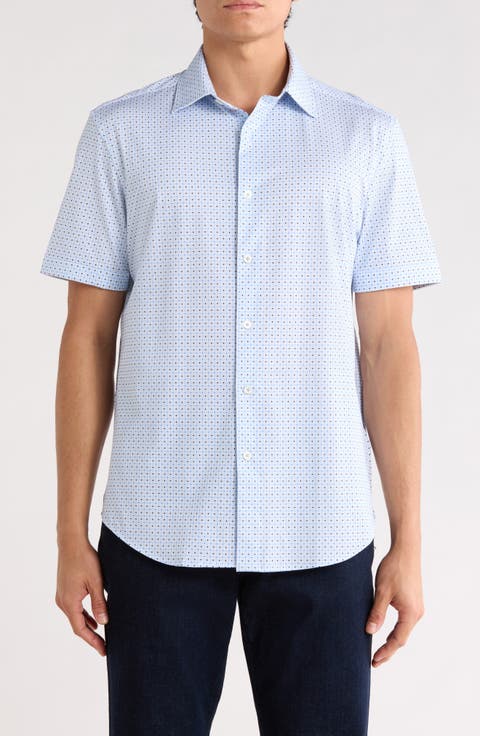 Micro Dot Print Stretch Cotton Short Sleeve Button-Up Shirt