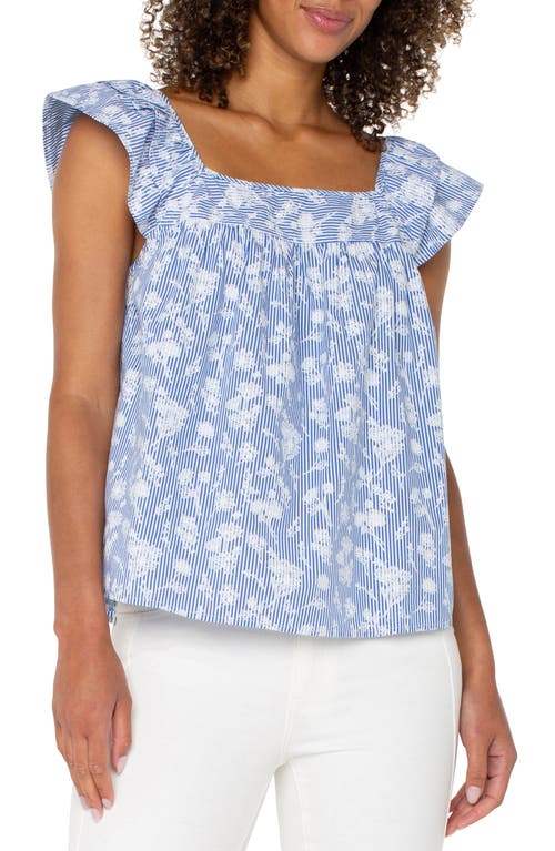 Liverpool Los Angeles Embroidered Ruffle Sleeve Top In Blue White Flower Stripe