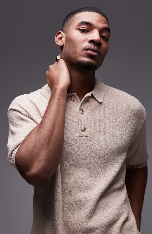 Topman Cotton Blend Bouclé Polo Sweater In Stone