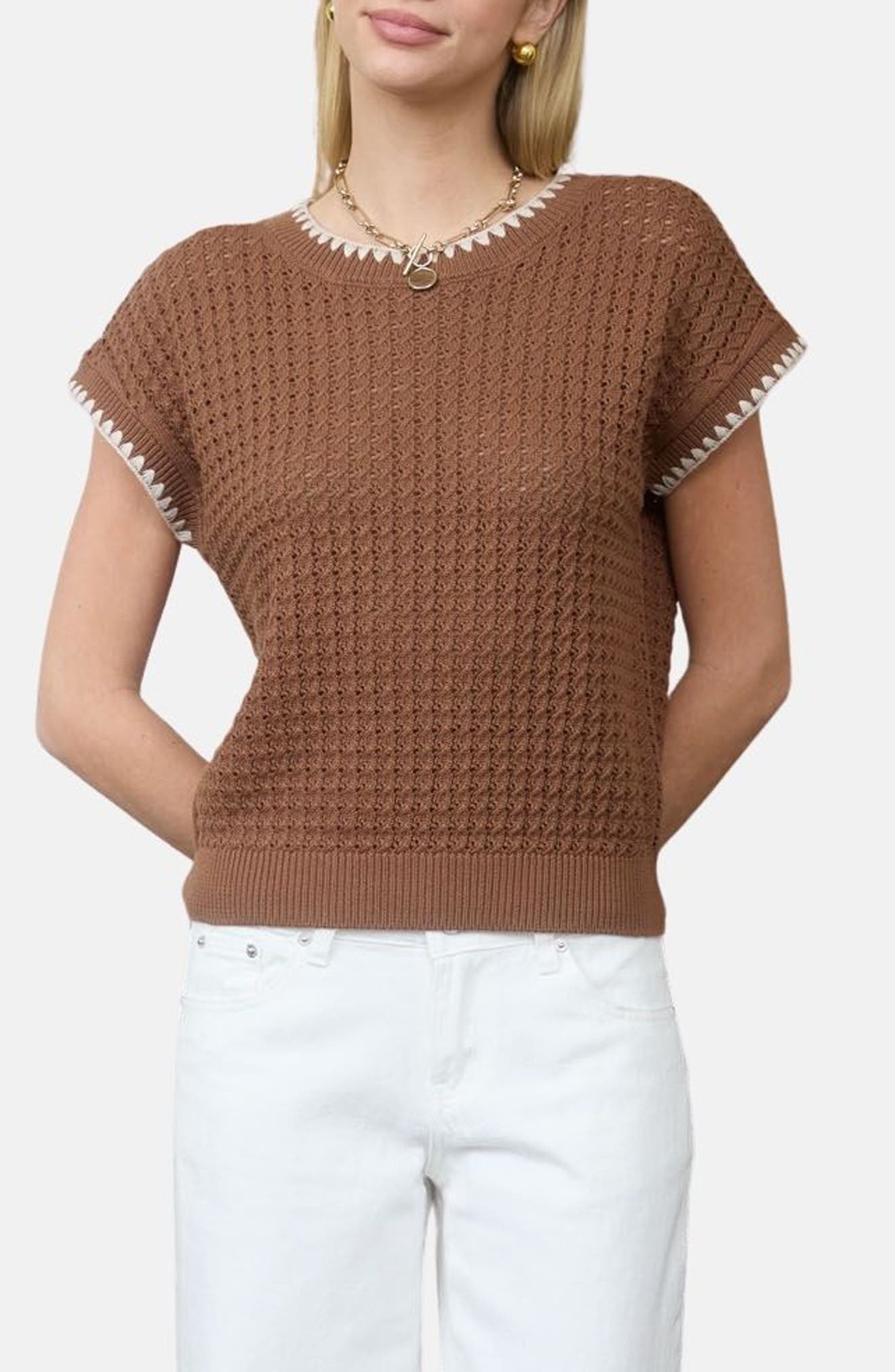 Open Knit Short Sleeve Sweater - image 3