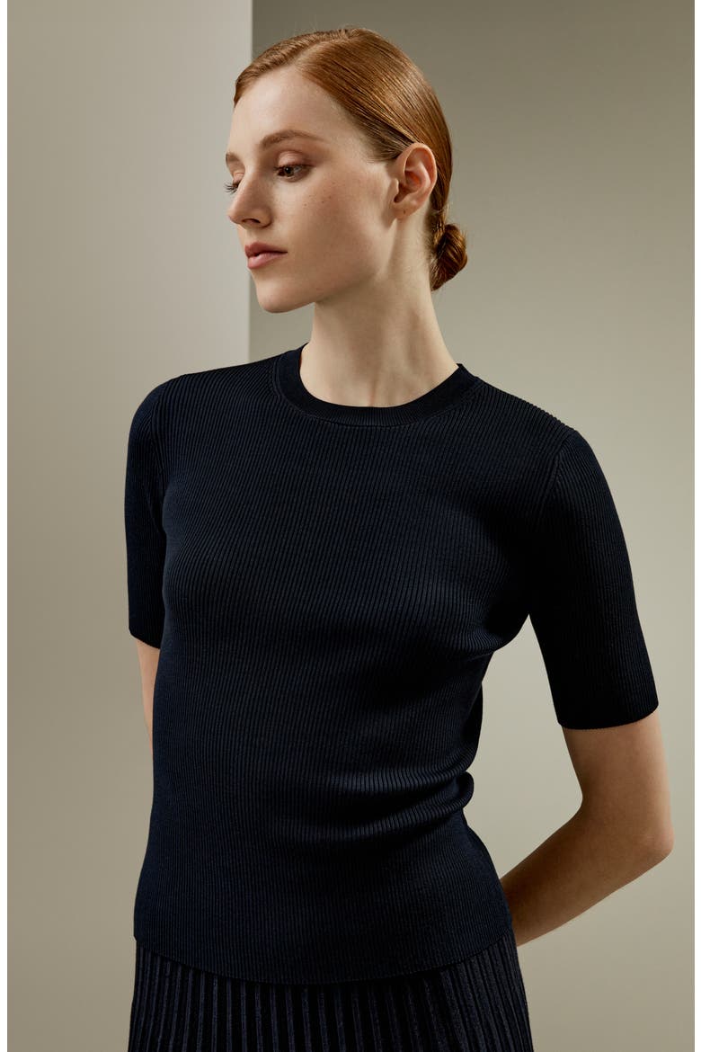 Women's Essential Silk Knit Top, Alternate, color, Navy Blue