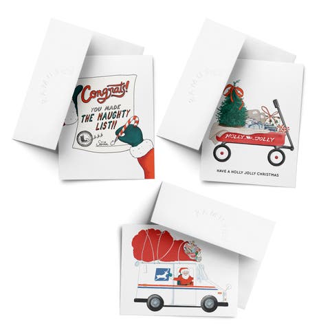 Christmas Wagon, Santa Delivery Man, Naughty List Winter/Holiday/Christmas Greeting Card Pack Sets (3 ct, Assorted)