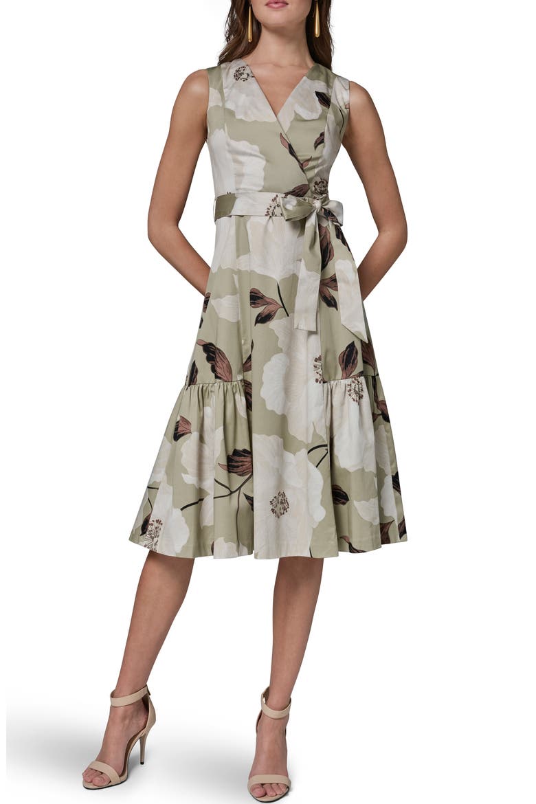 Floral Print Faux Wrap Midi Dress, Main, color, AGAVE MULT
