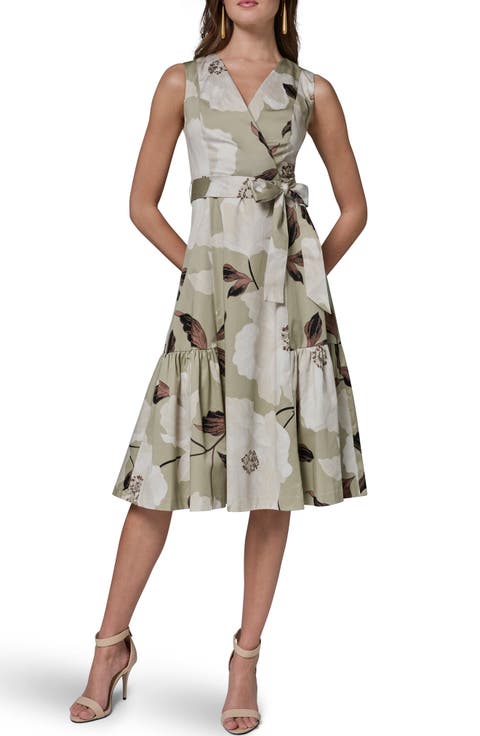 Floral Print Faux Wrap Midi Dress
