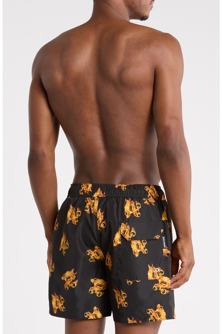 Fire Logo Print Swim Shorts, Alternate, color, BLACK GOLD
