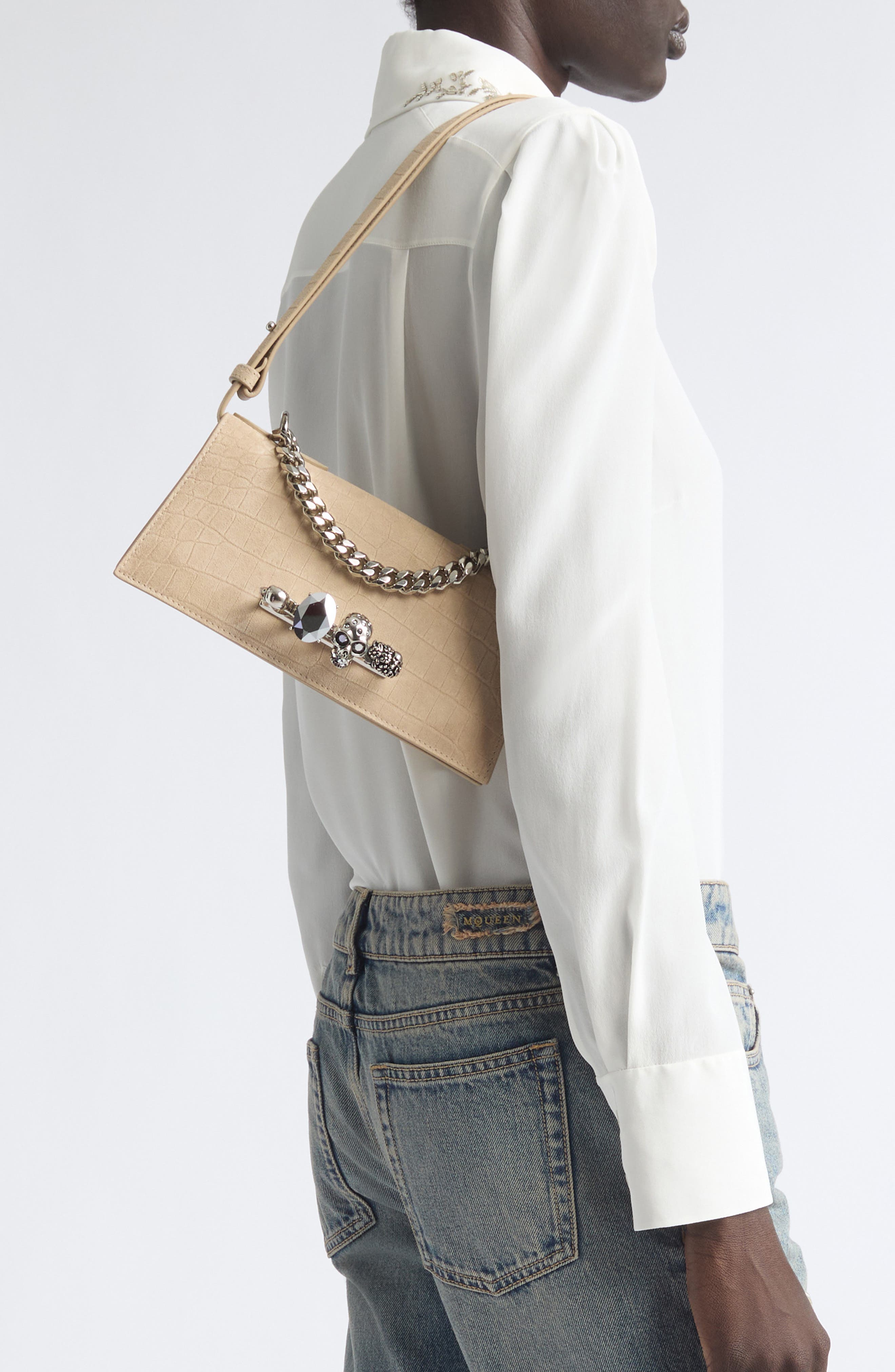 Mini Jeweled Croc Embossed Suede Top Handle Bag, Alternate, color, ZINC