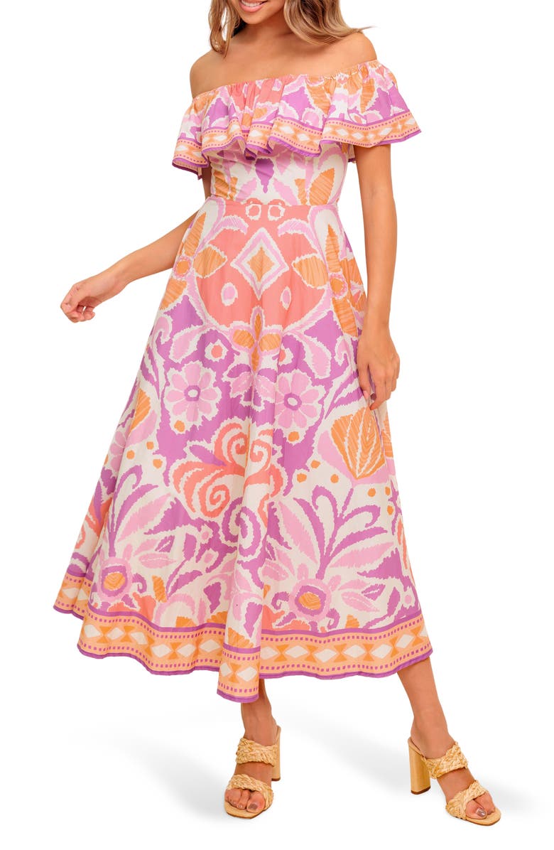 FLYING TOMATO Floral Off the Shoulder Midi Dress, Main, color, Lavender/ Coral