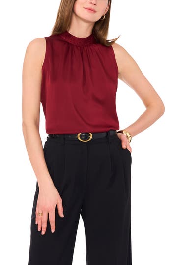 Vince Camuto Beaded Mock Neck Sleeveless Hammered Satin Top In Ruby