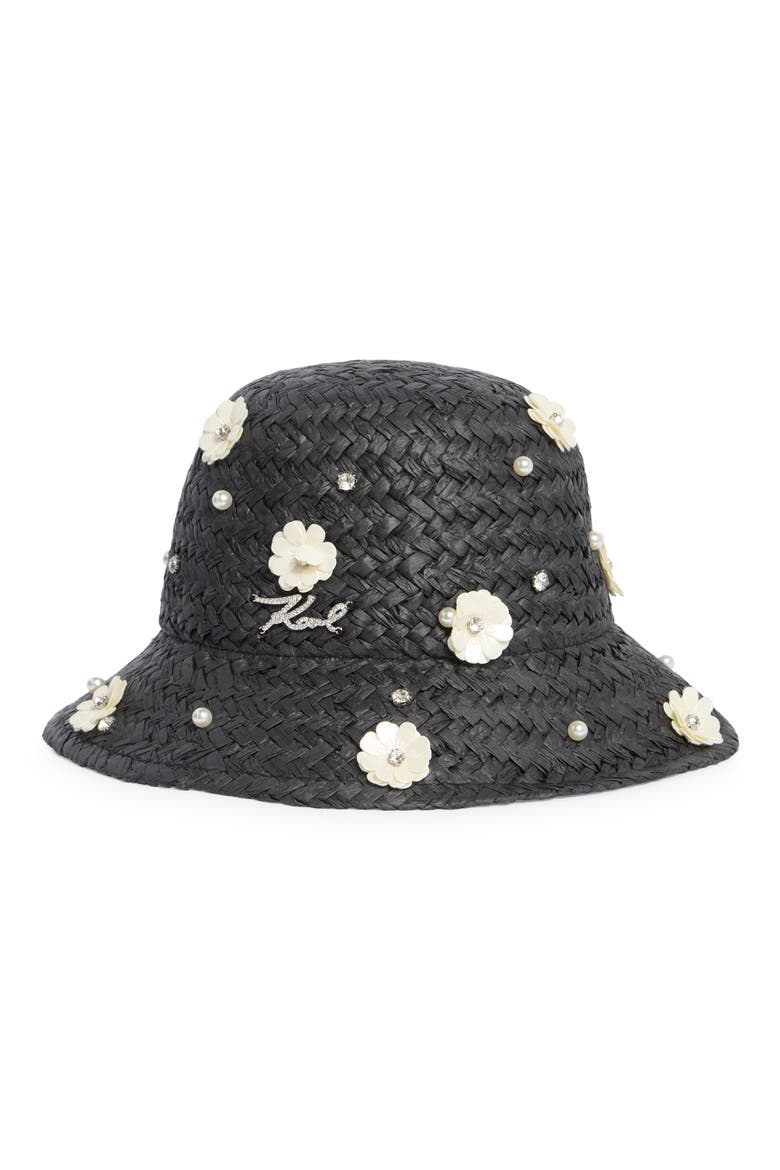 Embellished Straw Bucket Hat, Main, color, BLACK