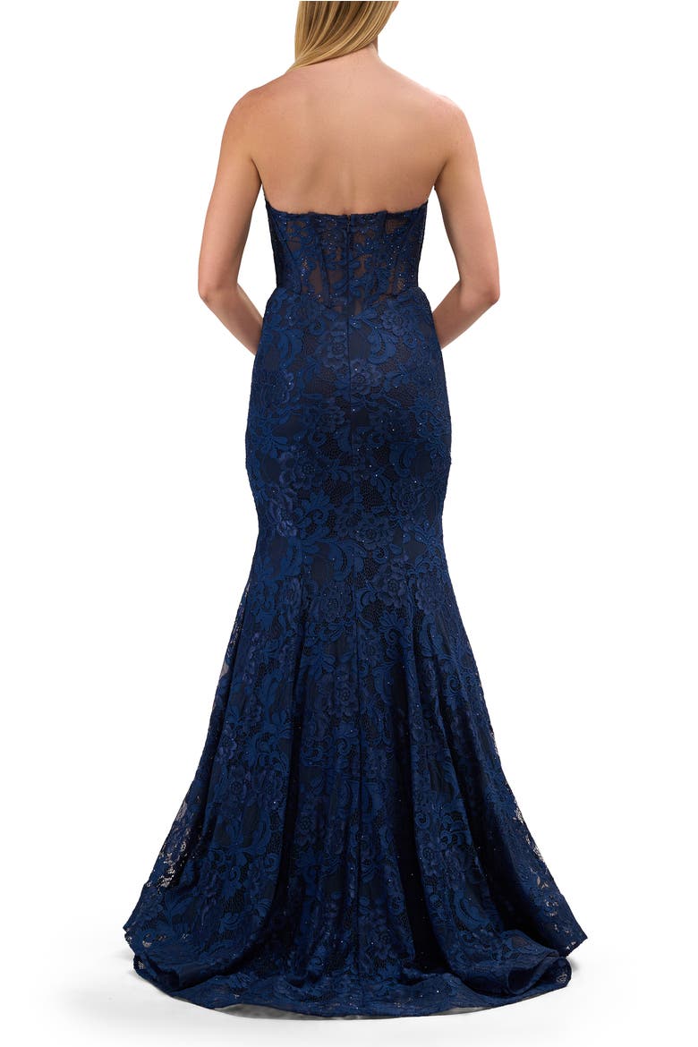 Mermaid Stretch Lace Dress with Bustier Top and Sheer Back, Alternate, color, Marine Blue