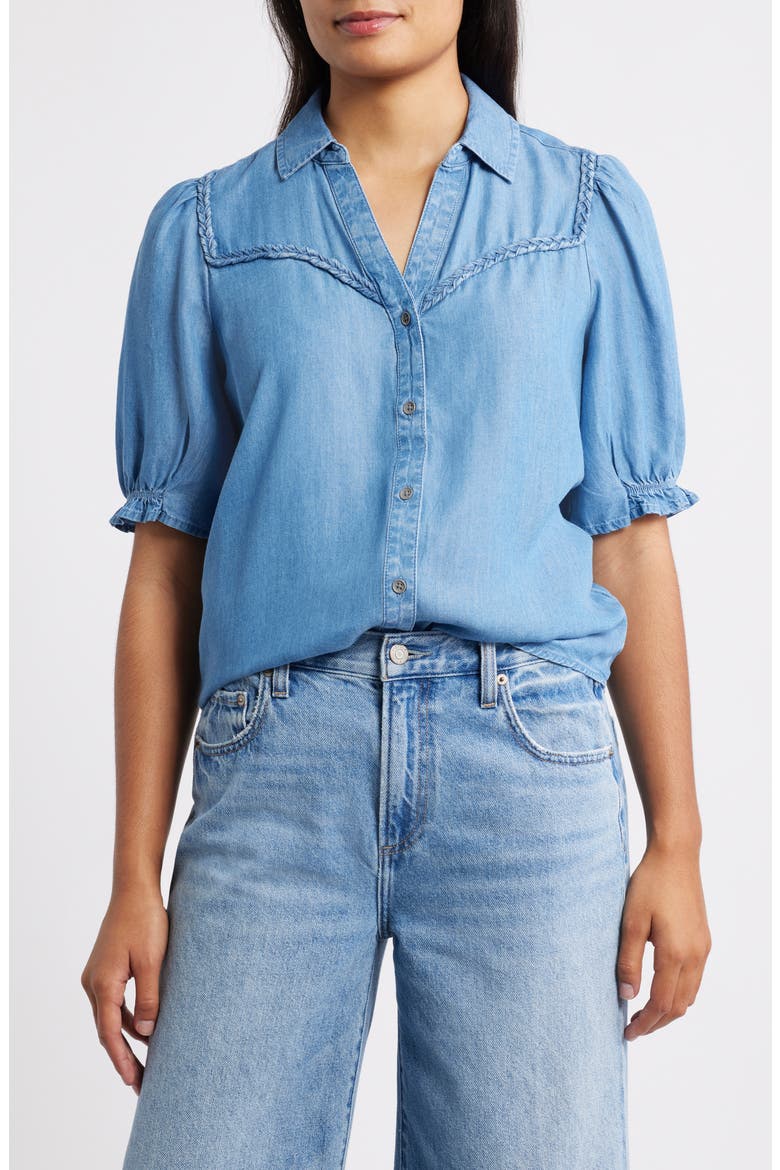 Indira Short Sleeve Denim Button-Up Shirt, Main, color, MEDIUM WASH
