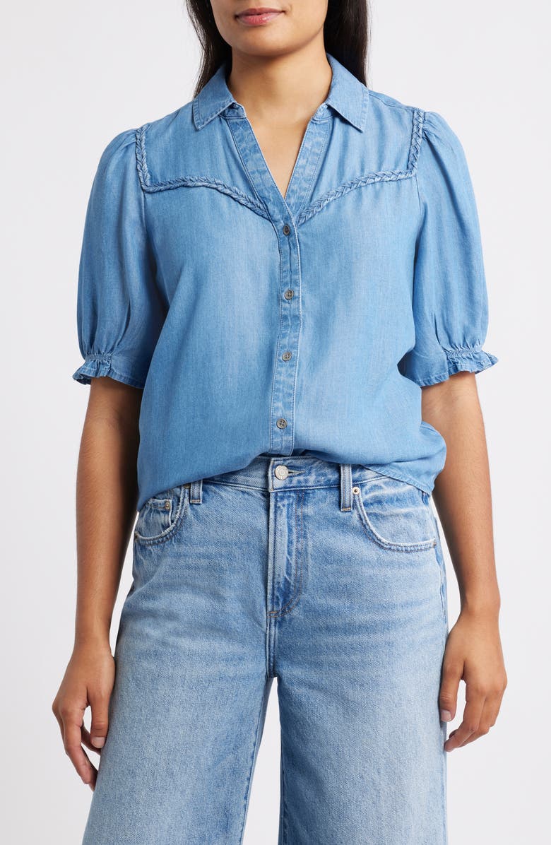 beachlunchlounge Indira Short Sleeve Denim Button-Up Shirt, Main, color, Medium Wash