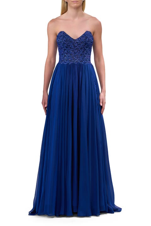 Chiffon Gown with High Slit and Strapless Lace Top