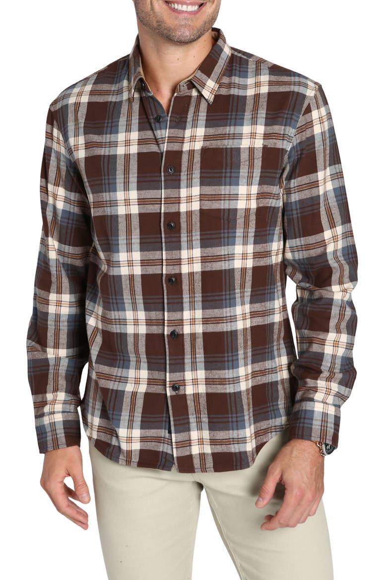 Plaid Long Sleeve Stretch Cotton Button-Up Shirt, Main, color, BROWN PLAID FLANNEL