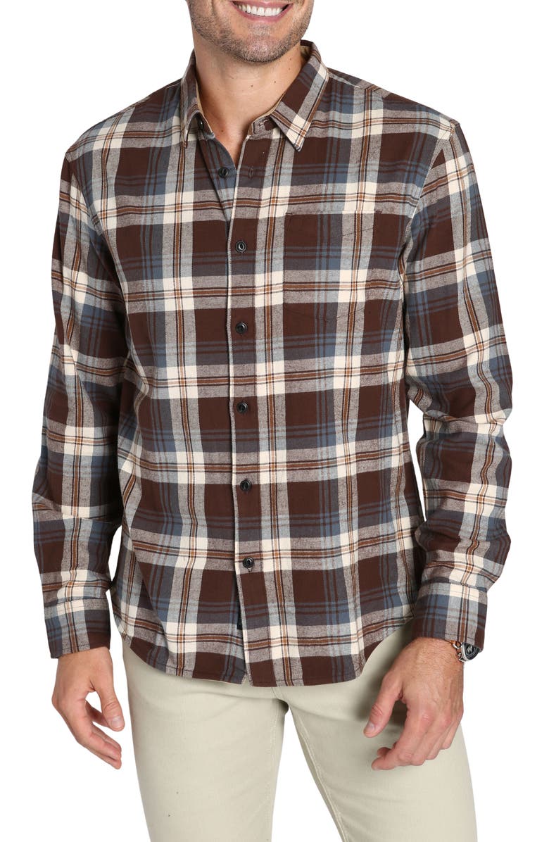 JACHS Plaid Long Sleeve Stretch Cotton Button-Up Shirt, Main, color, Brown Plaid Flannel