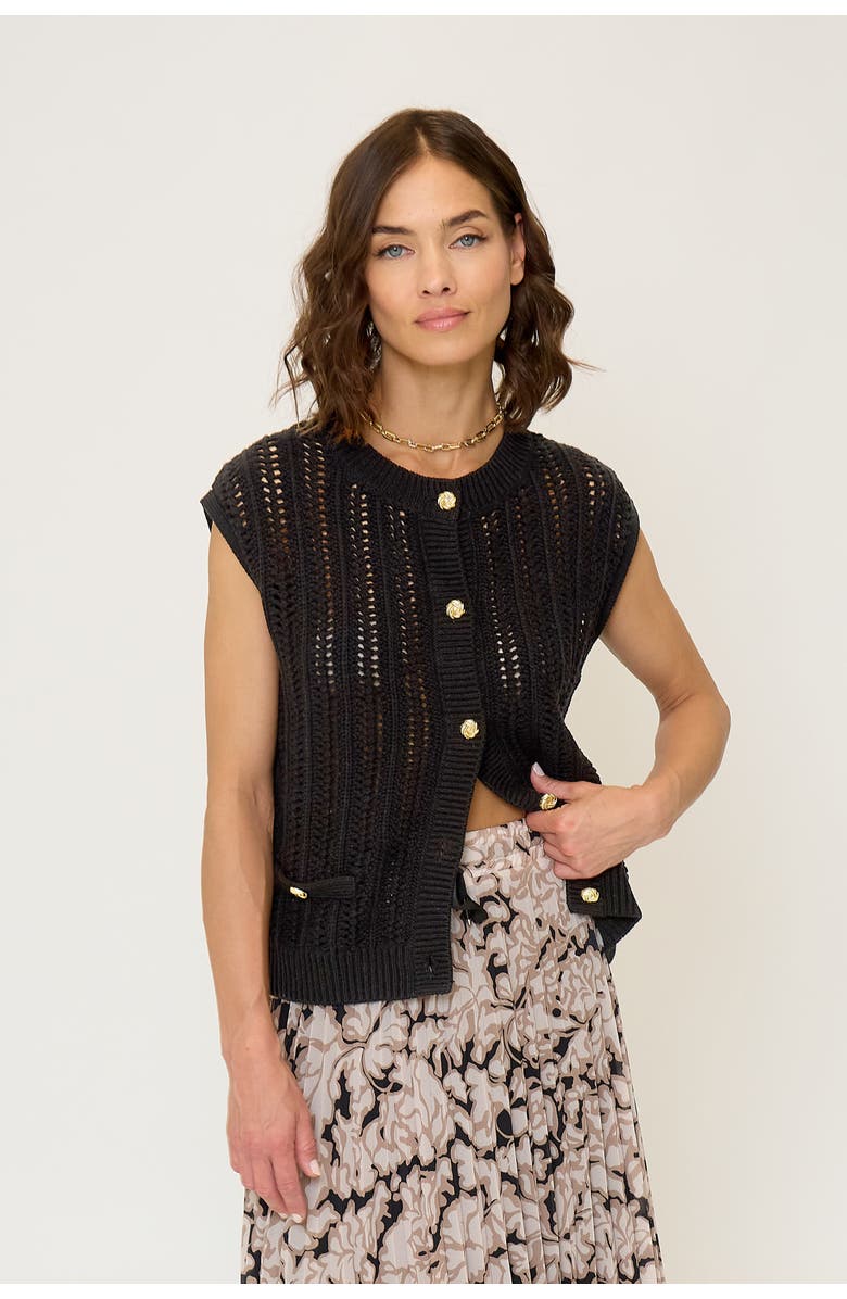 Central Park West Women's Rose Sleeveless Open Stitch Cardigan, Main, color, Black