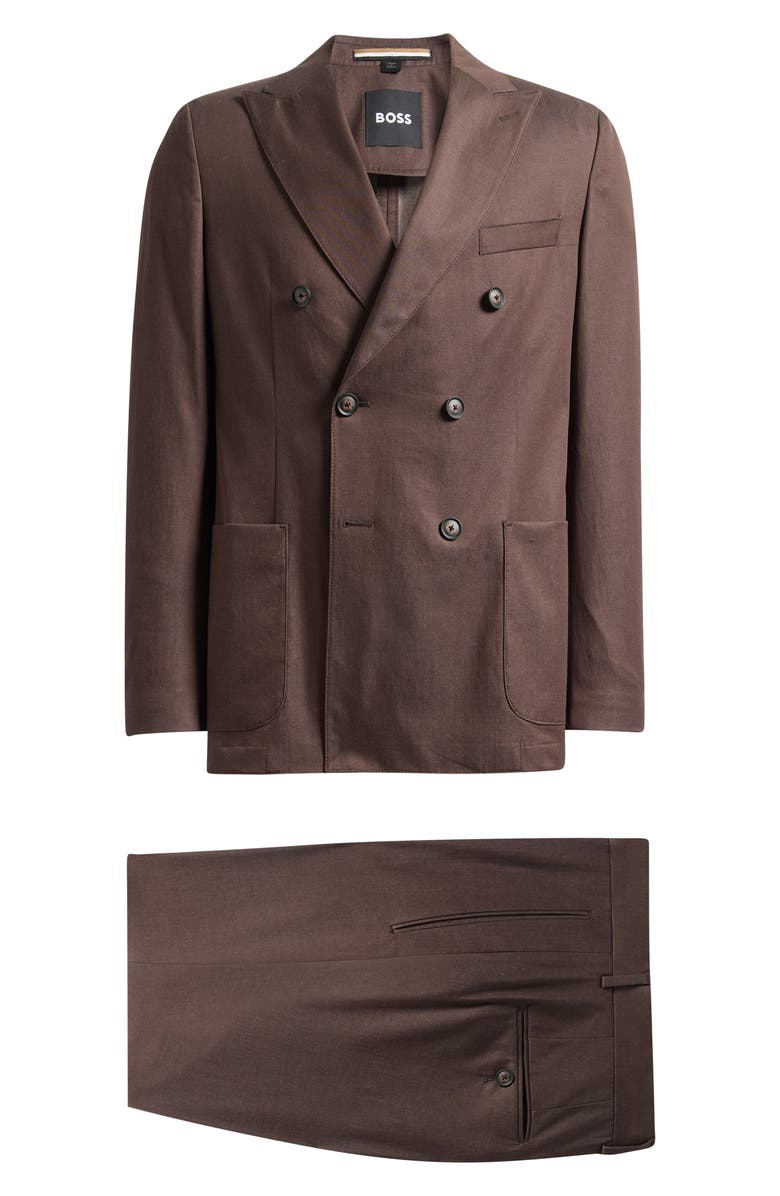 BOSS Huge Slim Fit Brown Stretch Cotton Peak Lapel Double Breasted Suit, Main, color, Dark Brown