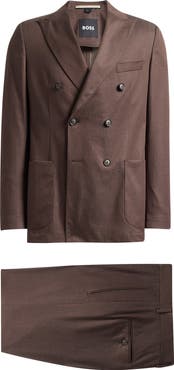 BOSS Huge Slim Fit Brown Stretch Cotton Peak Lapel Double Breasted Suit