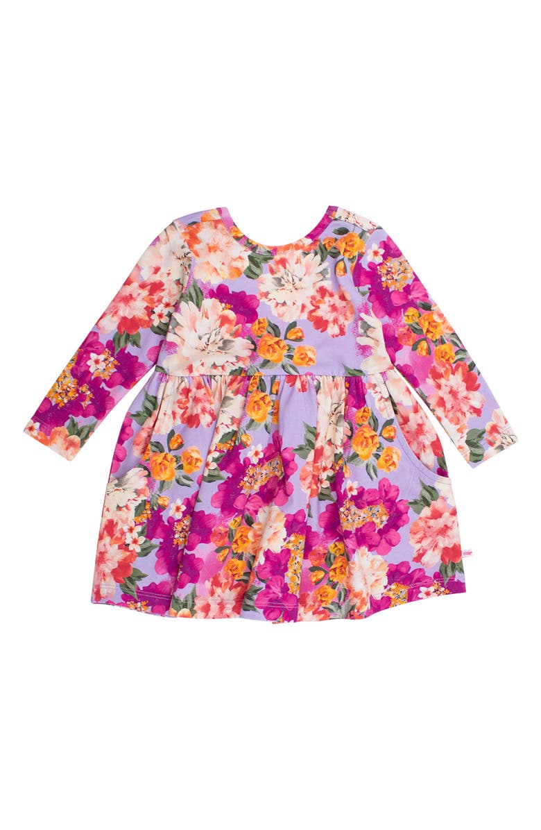 RuffleButts Lavender Valley Long Sleeve Stretch Cotton Dress, Alternate, color, Purple