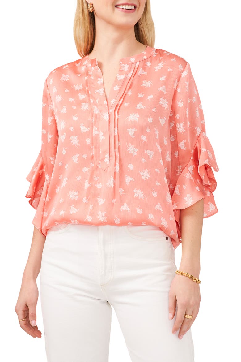 Floral Flutter Sleeve Blouse, Main, color, ORANGE CORAL