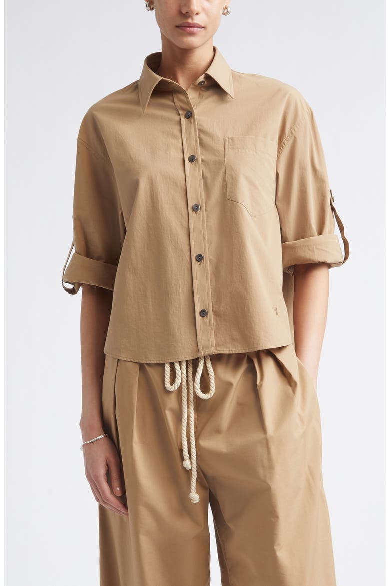 Roll Tab Sleeve Organic Cotton Crop Button-Up Shirt, Main, color, WALNUT