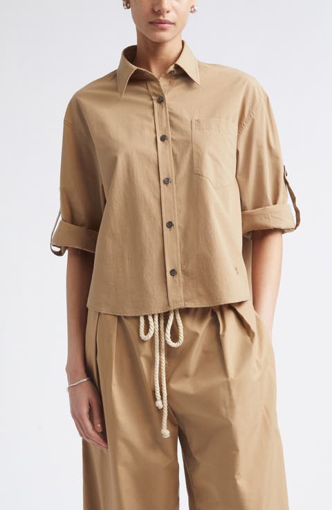 Roll Tab Sleeve Organic Cotton Crop Button-Up Shirt