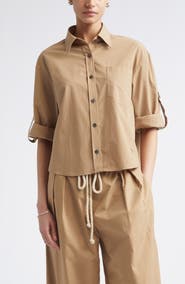 Maria McManus Roll Tab Sleeve Organic Cotton Crop Button-Up Shirt