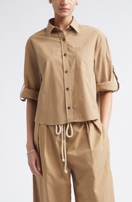 Maria McManus Roll Tab Sleeve Organic Cotton Crop Button-Up Shirt in Walnut at Nordstrom, Size X-Small