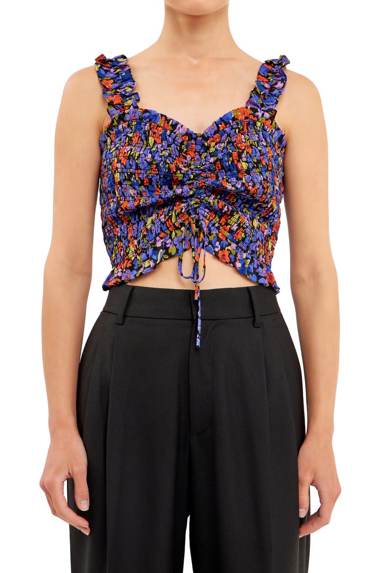 Floral Print Smocked Tank, Main, color, BLACK MULTI