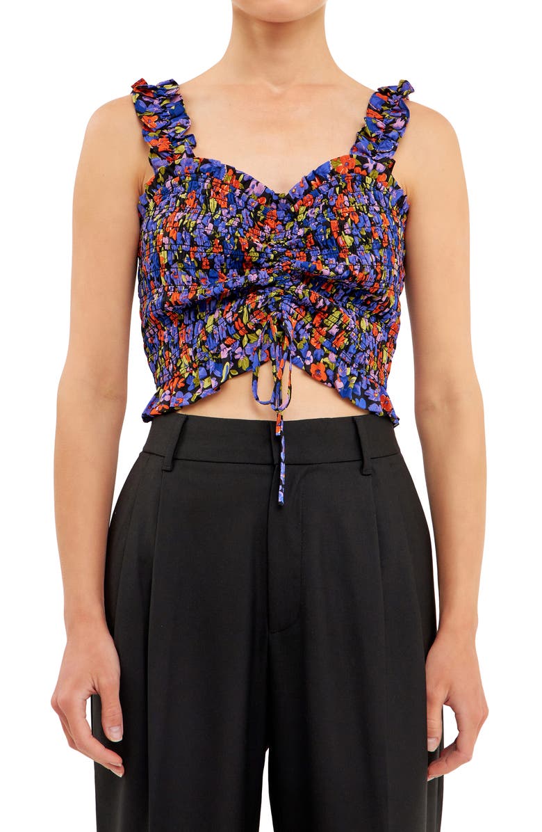 Endless Rose Floral Print Smocked Tank, Main, color, Black Multi