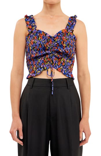 Shop Endless Rose Floral Print Smocked Tank In Black Multi