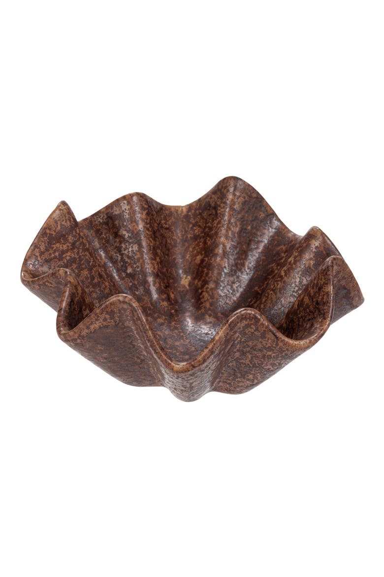 Round Stoneware Ruffled Bowl with Reactive Glaze, Brown, Main, color, Brown