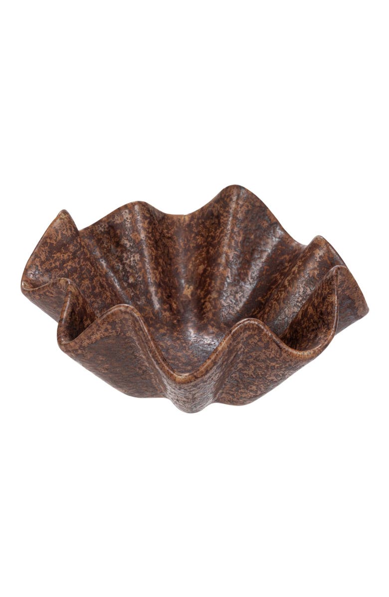 Storied Home Round Stoneware Ruffled Bowl with Reactive Glaze, Brown, Main, color,