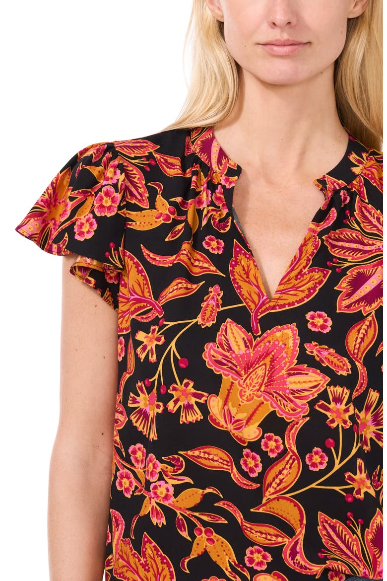 Floral Flutter Sleeve Top, Alternate, color, RICH BLACK