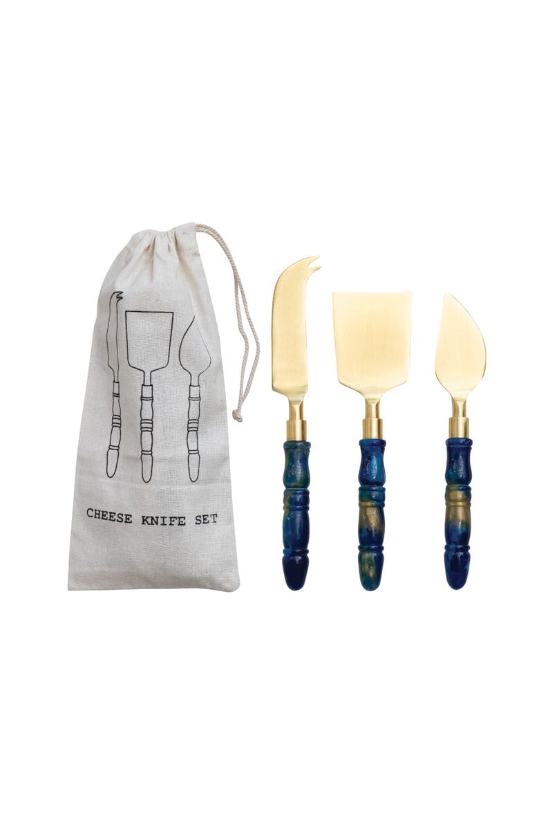 Storied Home 3-Piece Stainless Steel Cheese Knives with Marbled Resin Handles, Gold, Blue and Tan, Main, color, Blue